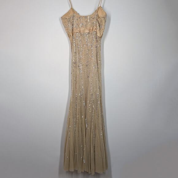 Dolce Jovani Gold Crystal Embellished Gown Fitted Spaghetti Straps Size 8 Nude - Picture 4 of 15